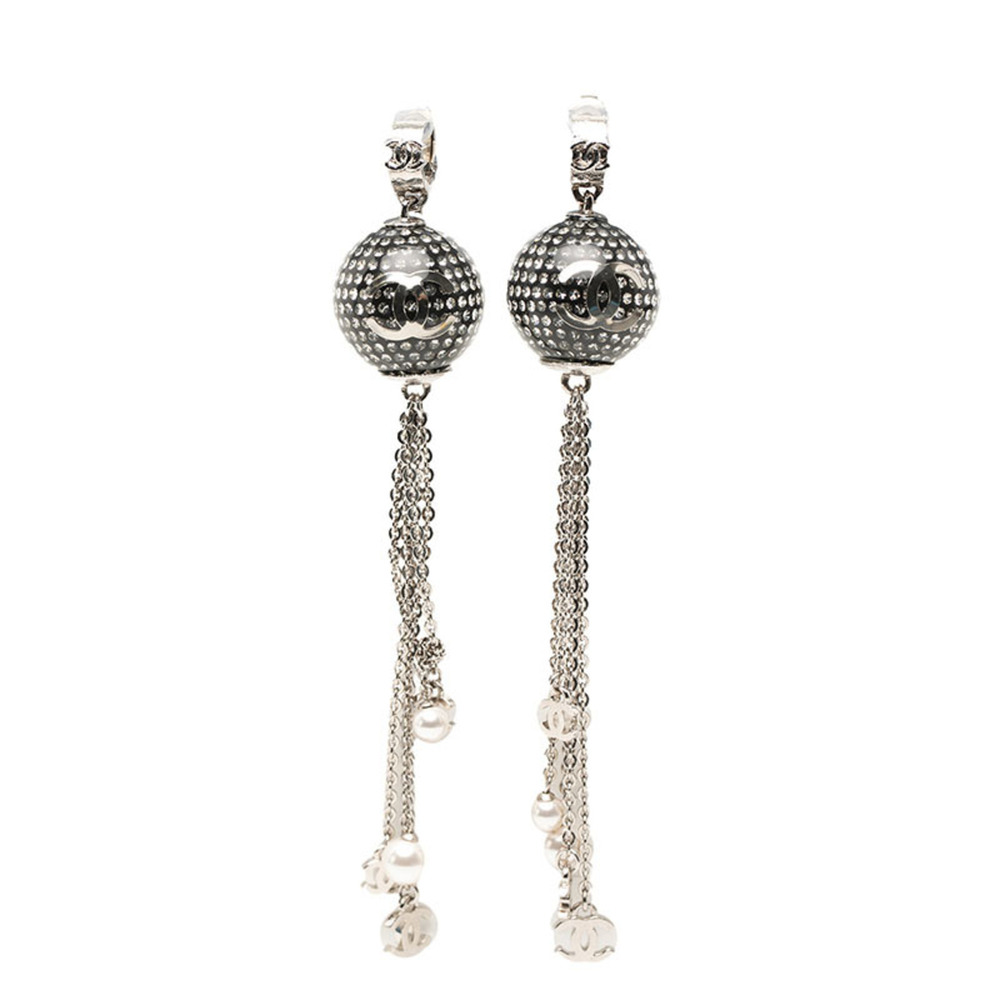 CHANEL Silver Pearl Logo Earrings